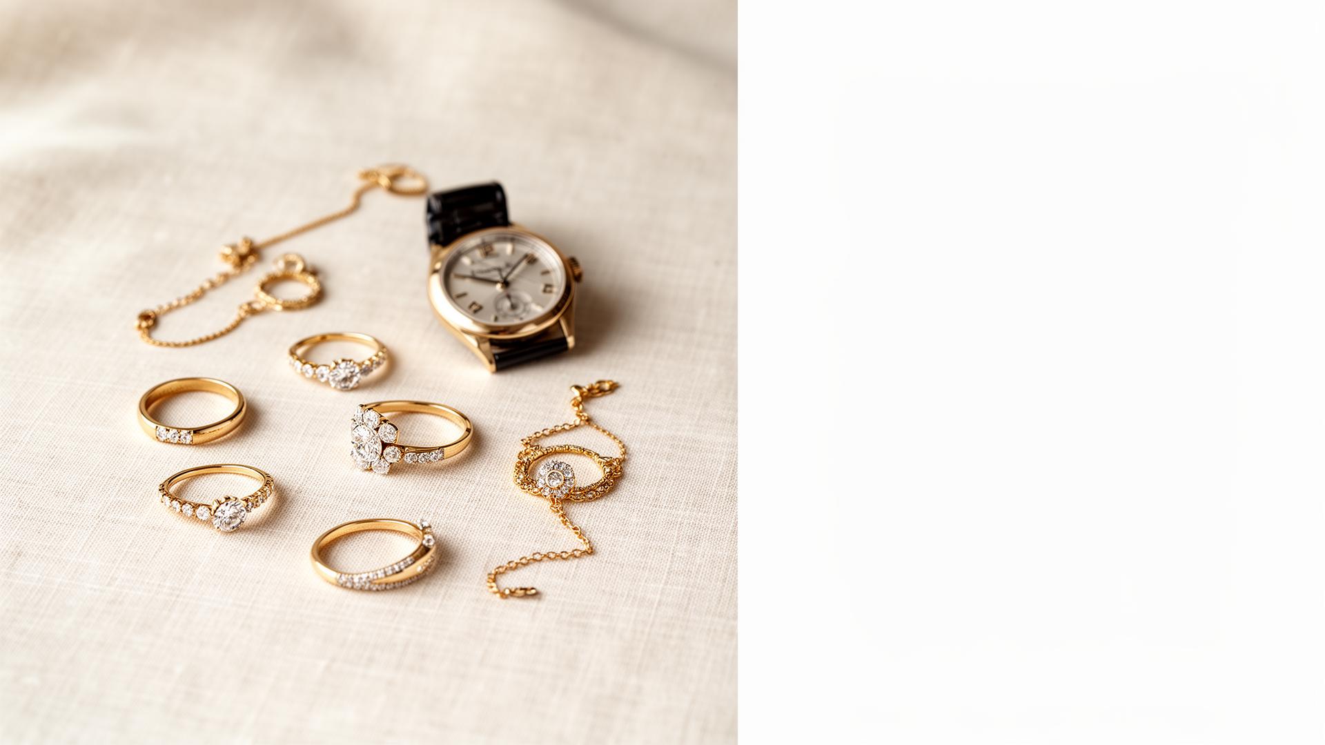Joyas de oro, anillos de diamantes y reloj de lujo sobre lino crema